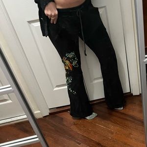 Flare leg low rose embroidered sweat pants